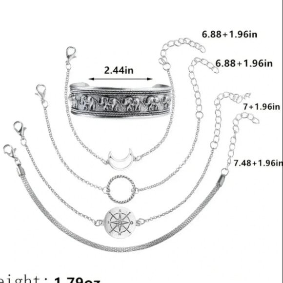 5 bohemian style bracelets silver tone antique finish crescent moon elephant - Picture 3 of 3